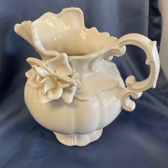 Vintage White Ceramic Pitcher With Ornate Handle Floral Detail Read - Picture 5 of 14